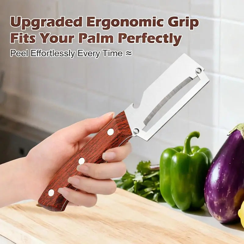 Elevate Your Kitchen Experience with the 2PCS 2-In-1 Fruit & Veggie Peeler and Bottle Opener – Sharp Stainless Steel Blade and Ergonomic Non-Slip Wooden Handle for Effortless Peeling!
