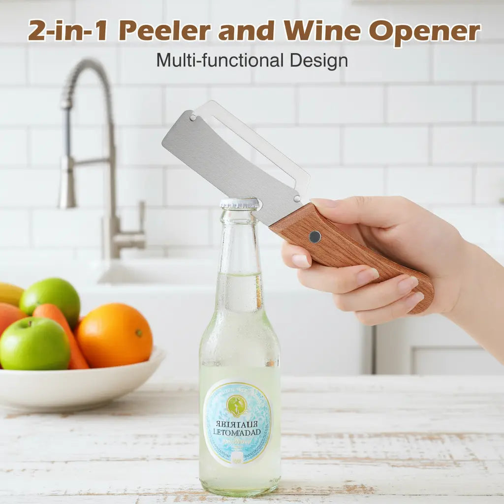 Elevate Your Kitchen Experience with the 2PCS 2-In-1 Fruit & Veggie Peeler and Bottle Opener – Sharp Stainless Steel Blade and Ergonomic Non-Slip Wooden Handle for Effortless Peeling!